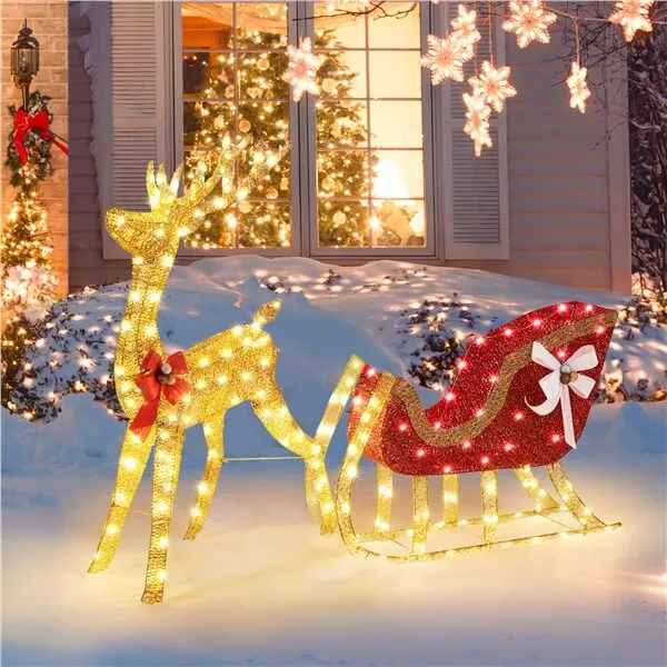 Yaheetech 4ft Lighted Christmas Reindeer & Santa Sleigh Set