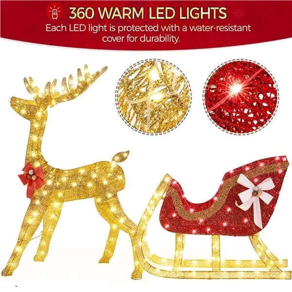 Yaheetech 4ft Lighted Christmas Reindeer & Santa Sleigh Set