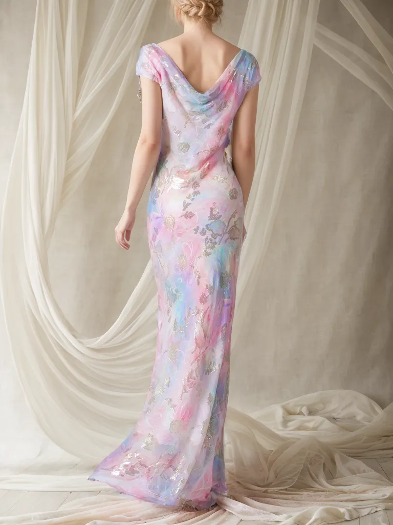 YuYue Pastel Blue Hand-Painted Silk Draped Neckline Bias-Cut Mermaid Gown