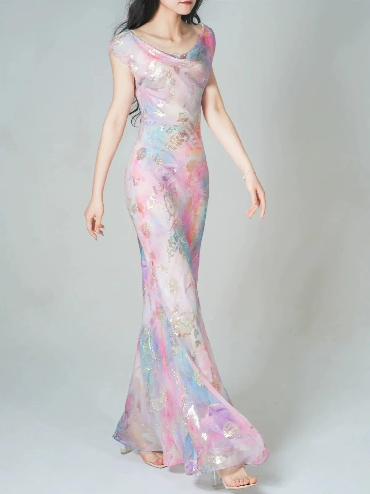 YuYue Pastel Blue Hand-Painted Silk Draped Neckline Bias-Cut Mermaid Gown