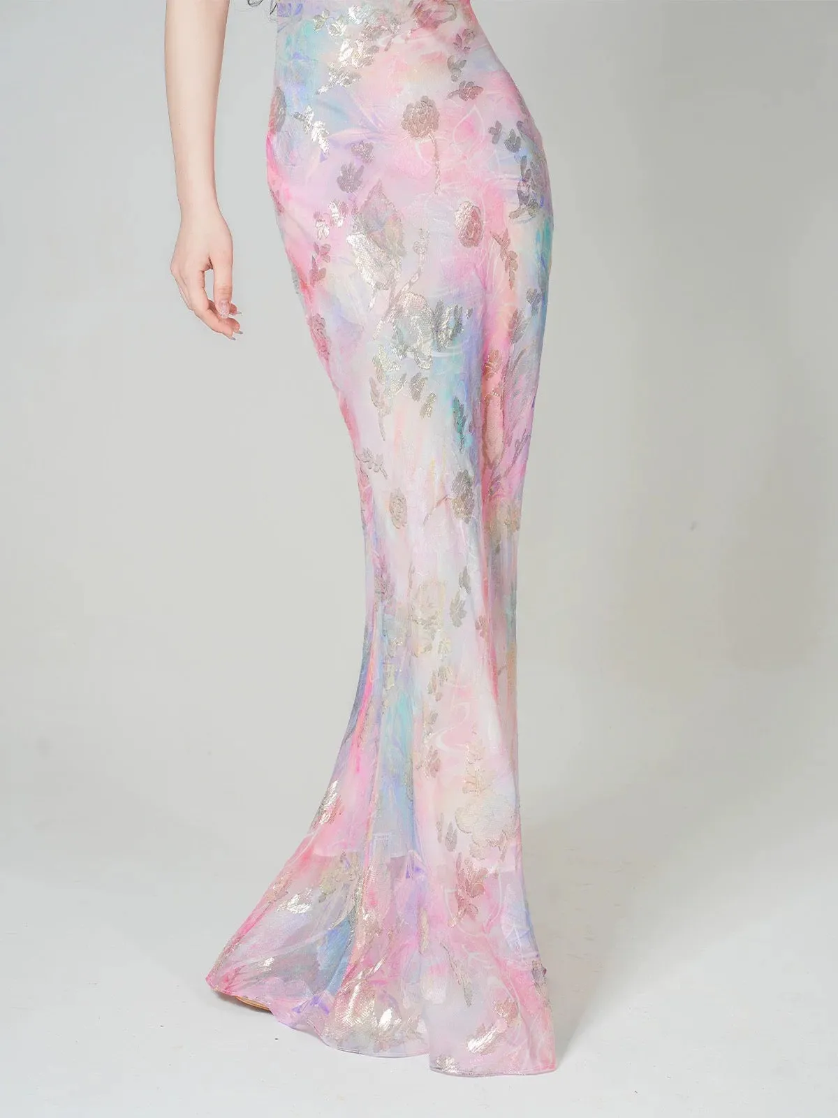 YuYue Pastel Blue Hand-Painted Silk Draped Neckline Bias-Cut Mermaid Gown