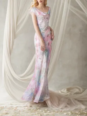 YuYue Pastel Blue Hand-Painted Silk Draped Neckline Bias-Cut Mermaid Gown